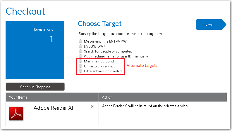 Choose Target Panel of Checkout Wizard Displaying Alternate Targets