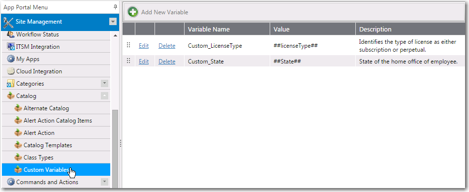 Catalog Management &gt; Catalog &gt; Custom Variables View