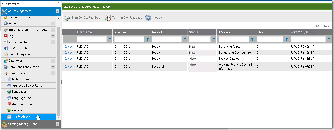 Communication &gt; Site Feedback View